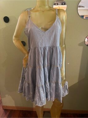 Light Blue Eyelet Tiered Mini Dress with V-Neck